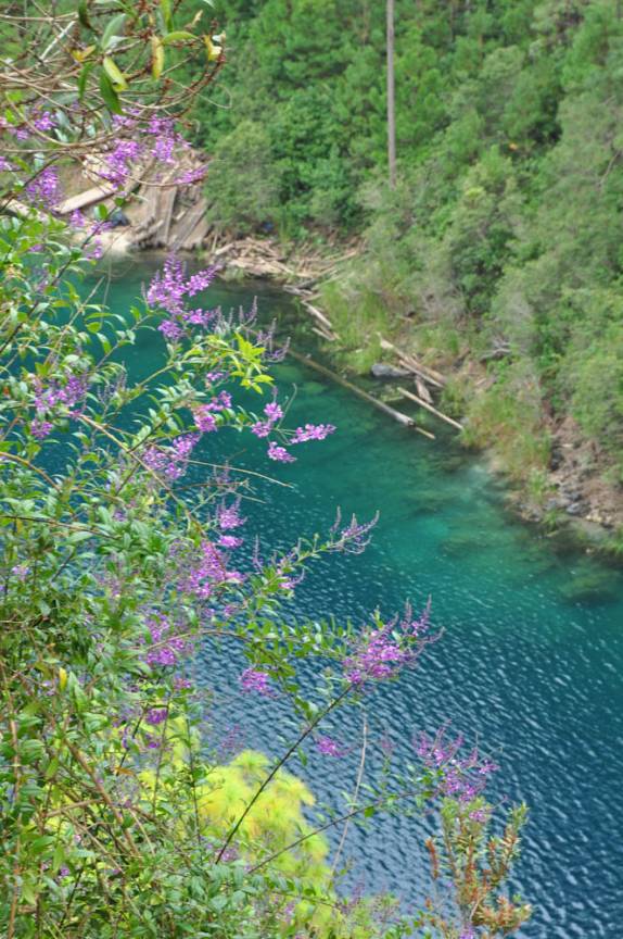 As águas azuis-esverdeadas da laguna Cinco Lagos, na região de Comitan, em Chiapas, no sul do México, fronteira com Guatemala